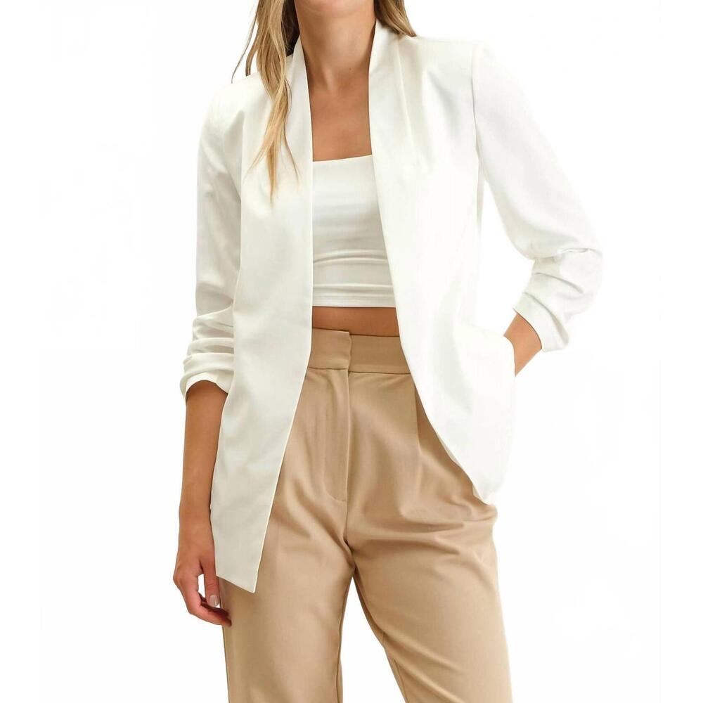 NEW THE WORKSHOP STUDIO collarless quarter ruched sleeve longline blazer in whit